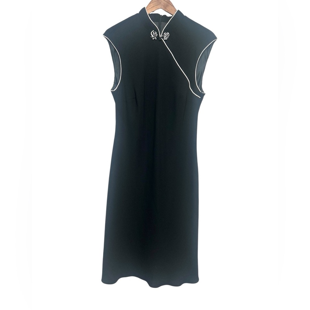 Vintage Evan Picone Black & White Cheongsam Midi Dress Cap Sleeve Size 16 Y2K - Picture 2 of 10